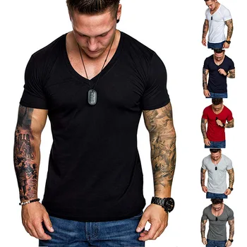 2286 T-shirt V-hals Moda Tasarım Slim Fit Katı Mannelijke Tees Tops Vücut Geliştirme Egzersiz Korte Mouw