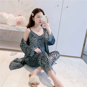 3 ADET Leopar Bayan Kimono Pijama Setleri Seksi Dantel Çiçek Pijama Takım Elbise Pijama Kadife Gelin Kıyafeti İç Çamaşırı Bornoz Gecelik
