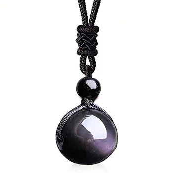 3 Adet Gökkuşağı Göz obsidiyen taş Kolye Unisex Kristal Kolye 18mm Siyah Boncuk Dokuma Halat Kolye Çiftler Takı