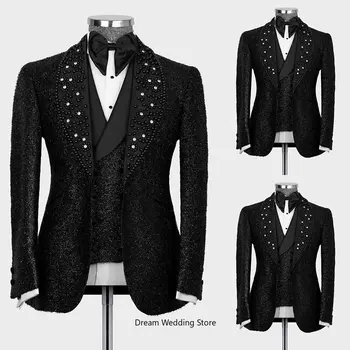 3 Adet Siyah Erkek Takım Elbise Lüks Kristal Boncuklu Düğün Smokin Köpüklü Sequins Damat Balo (Blazer + Pantolon + Yelek) Custom Made