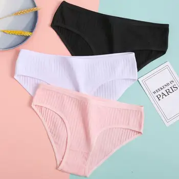 3 Adet / takım Düz Renk Çizgili Külot Kadınlar için Pamuk Külot Bayanlar Seksi İç Çamaşırı Moda Külot Düşük Bel Külot İç Çamaşırı