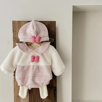 3 adet Bebek Tulum Yenidoğan Kış Kürk Romper + Pantolon + şapka Bebek Kız Prenses Onesie Romper Dış Giyim Sevimli Infnat Kız Giyim Seti