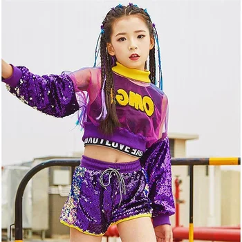 3 adet Set Kız Caz dans kostümü Çocuk Sokak Hip hop Dans Kız Caz Sahne Pullu Kız Caz dans kostümü kızlar için