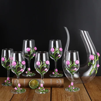 4 ADET Set şarap bardakları Emaye Lale şarap bardağı şarap dekantörü Kristal Cam şarap bardakları İçme şampanya bardakları