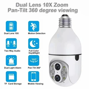 4MP 10X Zoom Çift Lens E27 Lamba Kafa Soket Kablosuz PTZ IP Dome Kamera Tam Renkli Gece Görüş Ev Güvenlik CCTV Monitör