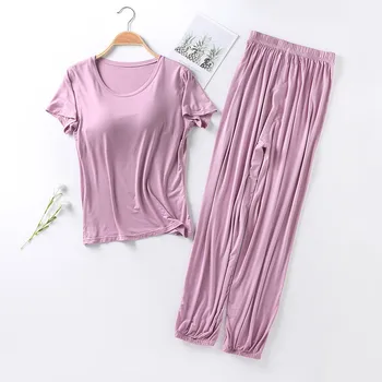 4XL Artı Boyutu Yaz kadın Yastıklı Gecelik Modal Ev Giysileri Salonu Aşınma Kadın Sonbahar Modal Pijama Pantolon ile Ev Takım Elbise