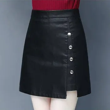  4xl Deri Etek Kadın Moda Yüksek Bel Sonbahar Kış Zarif Siyah A-Line Pu Deri Mini Etek Lu2126