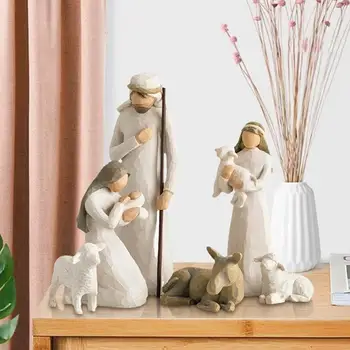 6 Adet Kazınmış Doğuş Sahnesi Heykeli Seti Hıristiyan Dekorasyon Reçine El Sanatları Beşik Yemlik Bebek İsa Figürleri noel ev dekoru