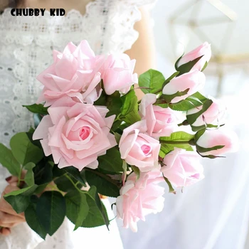 6 adet! Hı-Q gerçek dokunmatik 3 kafaları yapay gül çiçek düğün dekoratif Nemlendirici keçe 87 cm uzun şube / kök lateks gül