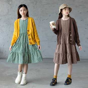 6 İla 16 Yıl, 2022 Yeni Kız Midi Pamuklu Elbise Genç Çocuk Giysileri Çocuk Çiçek Bebek Okul Giyim Ruffles Kalın