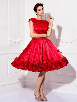 A-Line Kısa Çiçek Kokteyl Parti Elbiseleri 2021 Kırmızı El Yapımı Çiçekler Jewel Boyun Balo Örgün önlük Artı Boyutu Robe De Soriee