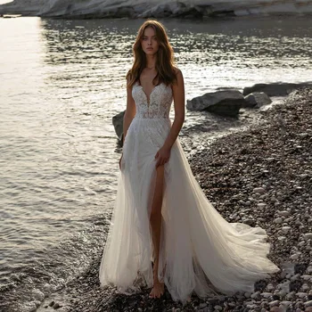 A-Line V Yaka HY518 düğün elbisesi Kadınlar İçin Tül Spagetti Sapanlar Büyüleyici Zarif gelinlikler Vestidos De Novia Kat Uzunluk
