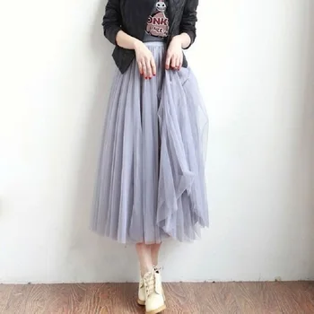 AECU2021 İlkbahar Yaz Vintage Tül Etek Kadın Elastik Yüksek Bel Örgü Etekler Uzun Pilili Tutu Etekler Kadın Jupe Longue