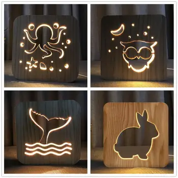 Ahtapot Baykuş Balina Kuyruğu Tavşan 3D Ahşap Lamba Sıcak Beyaz Gece ışıkları Ev yatak odası dekoru Masa Lambası doğum günü hediyesi Çocuklar için arkadaş