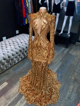 Altın Arapça Mermaid Abiye Tüy Yüksek Boyun Uzun Kollu Boncuklu Payetli Balo Abiye Custom Made Resmi Elbise