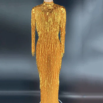 Altın Shining Rhinestones Ayna Sequins Püskül Seksi Uzun Ve Kısa Elbise Kadınlar İçin Akşam Parti Giyim Sahne Şarkıcı Kostümleri