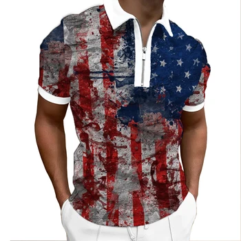 Amerikan Bayrağı POLO GÖMLEK Erkekler için Baskı Fermuar Gömlek 3d Kısa Kollu Graffiti Golf Rahat Turn-Aşağı Yaka Gotik Erkek giyim