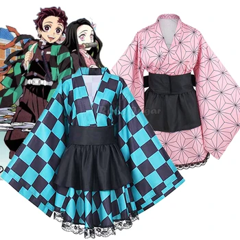 Anime iblis avcısı Kamado Nezuko Kamado Tanjirou Cosplay Kostüm Kızlar Kimono Elbise Hizmetçi Kıyafetleri Lolita Cadılar Bayramı Karnaval Çocuklar