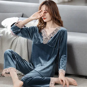 Artı Boyutu M-4XL Kadife Pijama Kadın Uzun Kollu Pijama Setleri 2 Adet Seksi Dantel Pijama Gecelik Kış Kadın Ev Giysileri