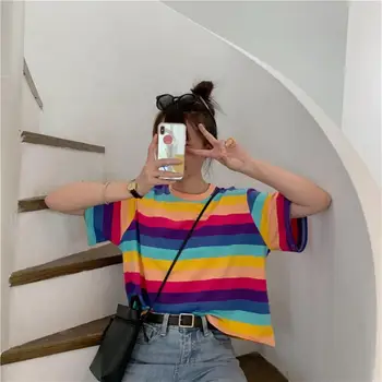 Artı Boyutu Moda Kadın Gökkuşağı Şerit Yuvarlak Boyun Kısa Kollu bol tişört Bluz Üst T Shirt Kadın 2021 Moda
