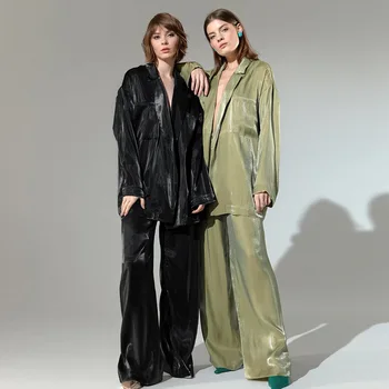 Avrupa Moda Uzun Pijama Set Kadın Ev Giyim Lüks Pijama Set 2 Parça Tasarımcı Pijama Pijama Set Rahat Pijama