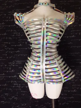 Ayna gümüş Lazer bodysuit seksi kadın Gece Kulübü bar tulum modeli podyum sahne giyim takım dans gösterisi DJ kostüm