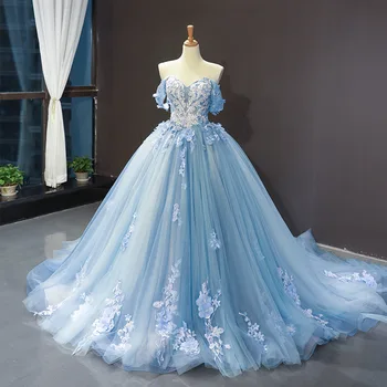 Açık Mavi 3D Çiçekler Quinceanera Elbiseler Prenses Balo Kapalı Omuz Aplikler Tatlı 15 16 Kız Balo Elbise Vestidos