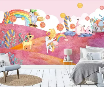 Bacal modern karikatür İskandinav peri masalı pembe orman unicorn şeker çocuk çocuk odası arka plan duvar 3D duvar kağıdı duvar huda