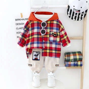 Bahar Bebek giyim setleri Bebek Erkek Ekose Kapşonlu Palto Pantolon Karikatür Çocuk günlük kıyafetler Yürümeye Başlayan Çocuklar Kıyafetler