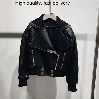 Bahar Kadın Ceket Kısa Uzunluk Avrupa Boyutu S-XL Hakiki Deri Ceket Büyük Yaka Giyim Rahat Tarzı Düğme Dekorasyon