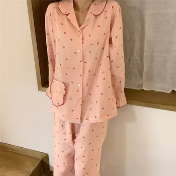 Bahar Sevimli Çilek Baskı Pijama Set Kadın Aşk Kollu Pijama İki Adet Tatlı Rahat Ev Giysileri Femme Loungewear