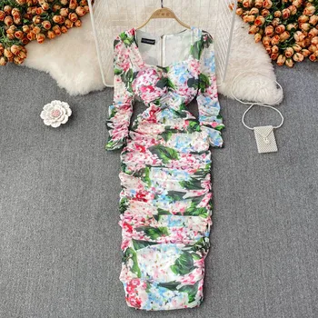 Bahar Sonbahar Dantelli Midi Elbise Kadınlar Çiçek Baskı Kare Yaka Puf Kollu Elastik Paket Kalça Örgü Tatil Plaj Elbise M78996