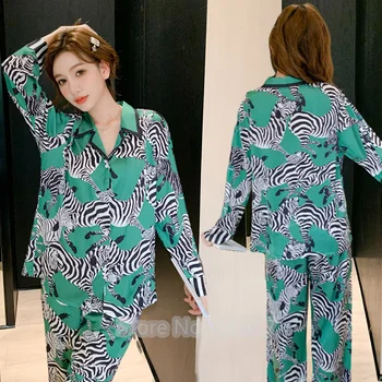 Bahar Yeni Zebra Baskı Pijama Takım Elbise Kadın Uzun Kollu Pantolon Seti 2 Adet Pijama Pijama Gömlek ve pantolon Moda Loungewear