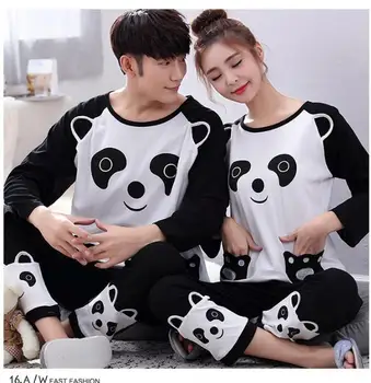 Bahar uzun kollu elbise Elbisesi Pamuk Ev Giysileri Kadınlar için Panda Pijama Pijama takım elbise Erkekler