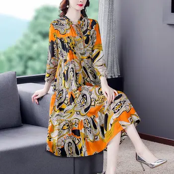 Bahar Çiçek Baskı şifon elbise Kadın Moda Elbise Orta Buzağı 2022 Sonbahar Kore Zarif Rahat Gevşek Elbiseler Kadınlar için K45
