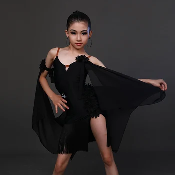 Balo salonu Dans Yarışması Elbise Kız Latin Zarif Iplik Saçak Siyah / Beyaz Sahne Performansı Kostümleri Samba Kıyafetler DWY8578