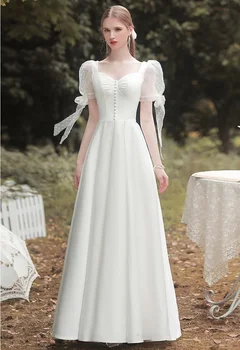 Basit Zarif Kore Tarzı Sevgiliye Fener Kollu Yumuşak Saten Dantel Kat Uzunluk Backless düğün elbisesi Elbisesi Gelin Elbise