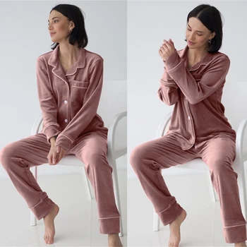 Bayan Kadife Pijama Seti 2 Adet Tek Göğüslü Pijama Loungewear Kıyafetler P8DB