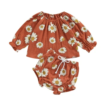 Bebek Kız Bahar Giysileri Set Rahat Baskı Uzun Kollu Ekip Boyun Üstleri ve Elastik Bel Şort 2 Adet Suit
