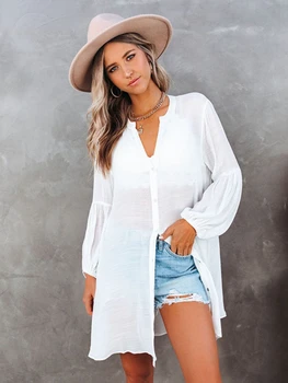 Beyaz Kapak Ups Mayo Kadınlar için Yaz Moda Plaj Gömlek Fener Uzun Kollu Beachwear Tunik Mayo 2022 Yeni Kıyafetler