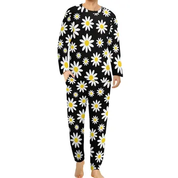Beyaz Papatya Pijama Sonbahar 2 Adet Modern Çiçek Baskı Retro Pijama Setleri Uzun Kollu Eğlence Tasarım Pijama Büyük Boy 4XL 5XL