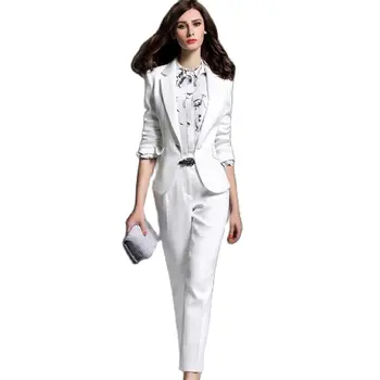 Beyaz Çentik Yaka İş Resmi Pantolon Takım Elbise Kadın 2020 Zarif Tam Kollu Ceket uzun pantolon 2 Parça Takım Elbise Kadın Pantolon Takım Elbise