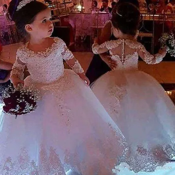 Beyaz Çiçek Kız Elbise Düğün için Tül Prenses Dantel Yarım Kollu Kutsal İlk Communion Abiye Parti Pageant Elbise Çocuklar İçin