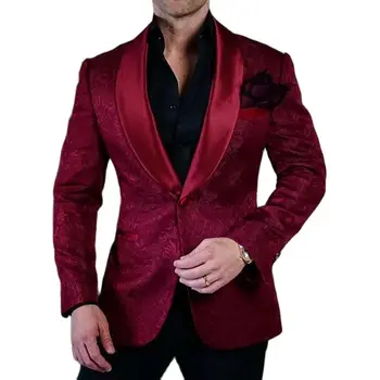 Bir Düğme Bordo Paisley Damat Smokin Şal Yaka Erkek Kokteyl Elbise iş elbisesi Blazers (Ceket + Pantolon + papyon) W: 626