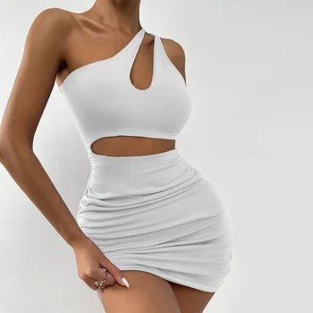 Bir Omuz Bodycon Elbise Kadınlar Seksi Backless Cut Out Kulübü Parti Elbiseler 2021 Yaz Zarif Dantelli Mini Elbise Beyaz Siyah