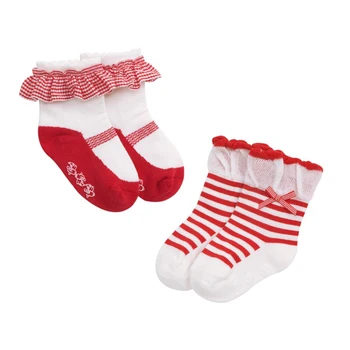 Bir Çift Bebek Kız 2-3 Yıl Güzel Kırmızı Çizgili Dantel Kısa Çorap Çocuk Kız Çorap