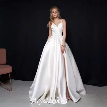 Bir Çizgi Moda Saten düğün elbisesi Özel Boyut Seksi Spagetti Sapanlar Dantelli Pleats Basit gelinlikler Vestido De Noiva