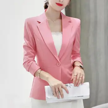 Blazer Kadın Bir Düğme Düz Renk Yaka Uzun kollu ince Blazer Ceket Takım Elbise Ceket
