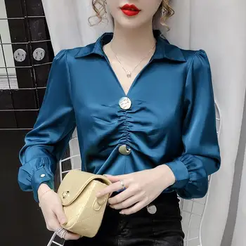 Bluz Kadın Şifon Gömlek kadın Bahar Sonbahar Uzun Kollu V Yaka Puf Kollu Üst Blusas Mujer De Moda