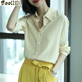 Boollili Gerçek İpek Gömlek Kadın Kore Çizgili Kadın Bluzlar İlkbahar Sonbahar Ofis Bayan Gömlek Blusas Mujer De Moda 2020